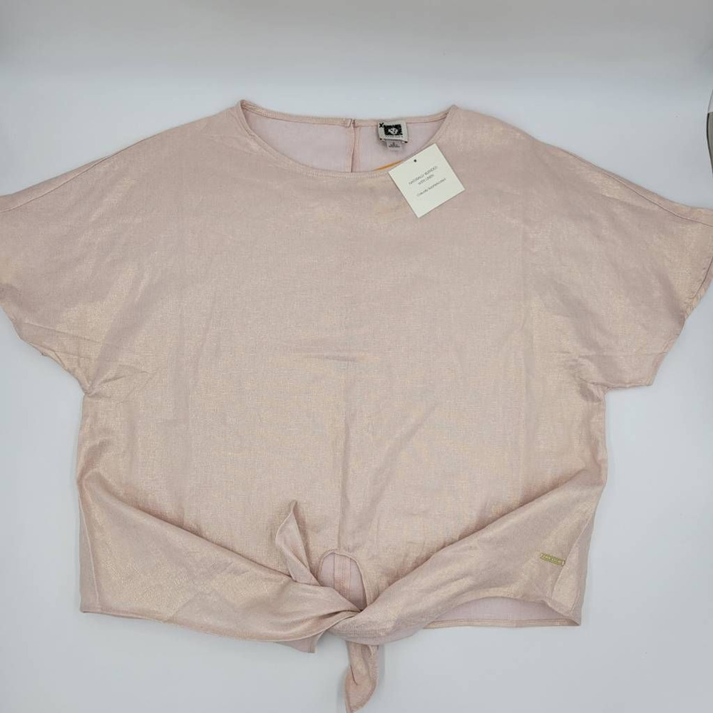 Anne Klein Women's Blouse Top Linen Blend Pink Shimmer with Ties in Front S